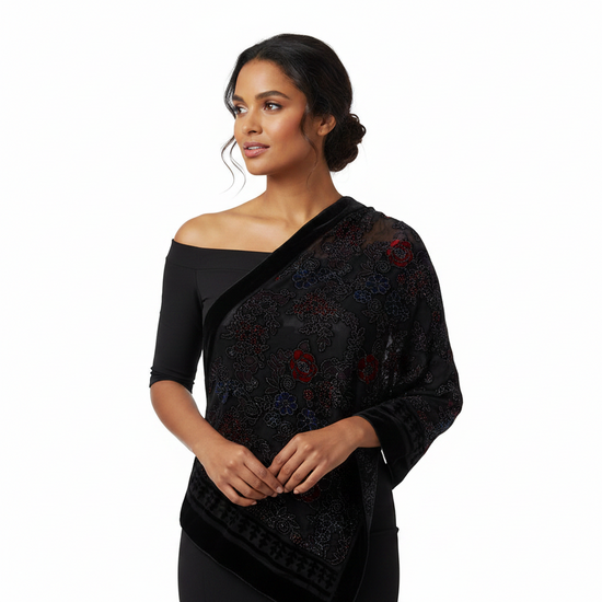 Multicoloured Floral Devore Velvet Scarf with Border