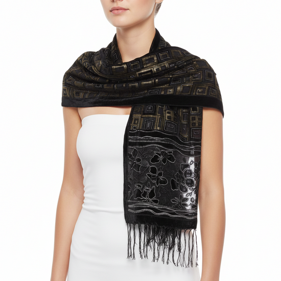 Black Brown with Leaf Devore Velvet Scarf