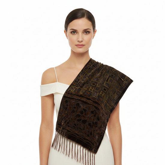 Black Red with Leaf Pattern Devore Velvet Scarf