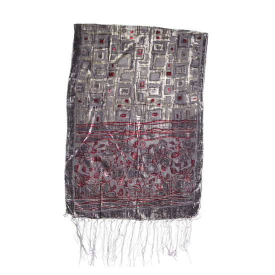Grey Bronze with Leaf Designed Devore Velvet Scarf