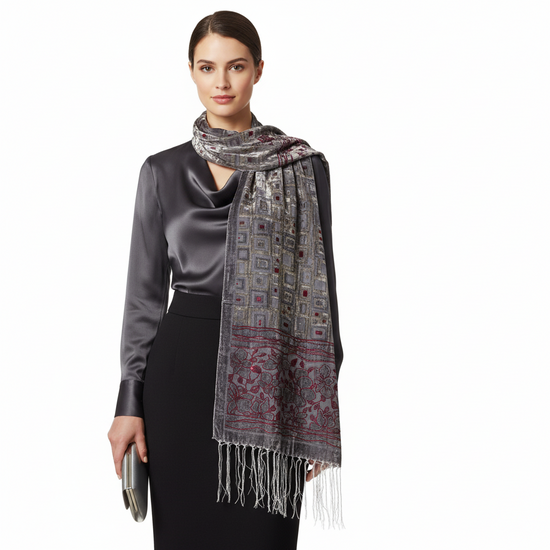 Grey Bronze with Leaf Designed Devore Velvet Scarf
