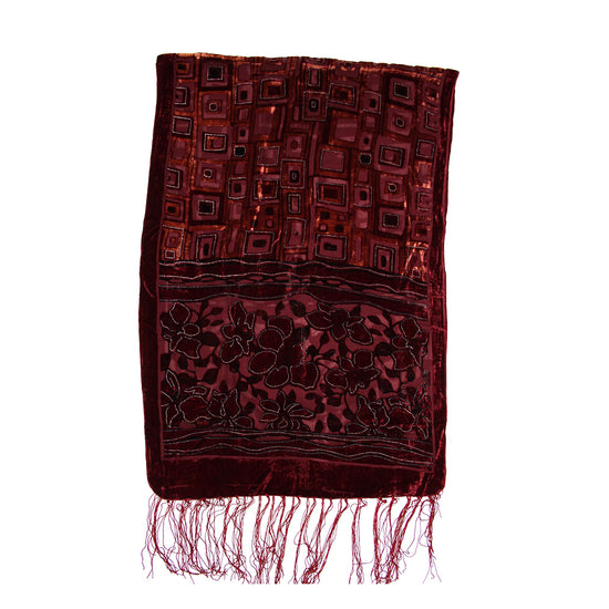 Brown Red Leaf Pattern Devore Velvet Scarf