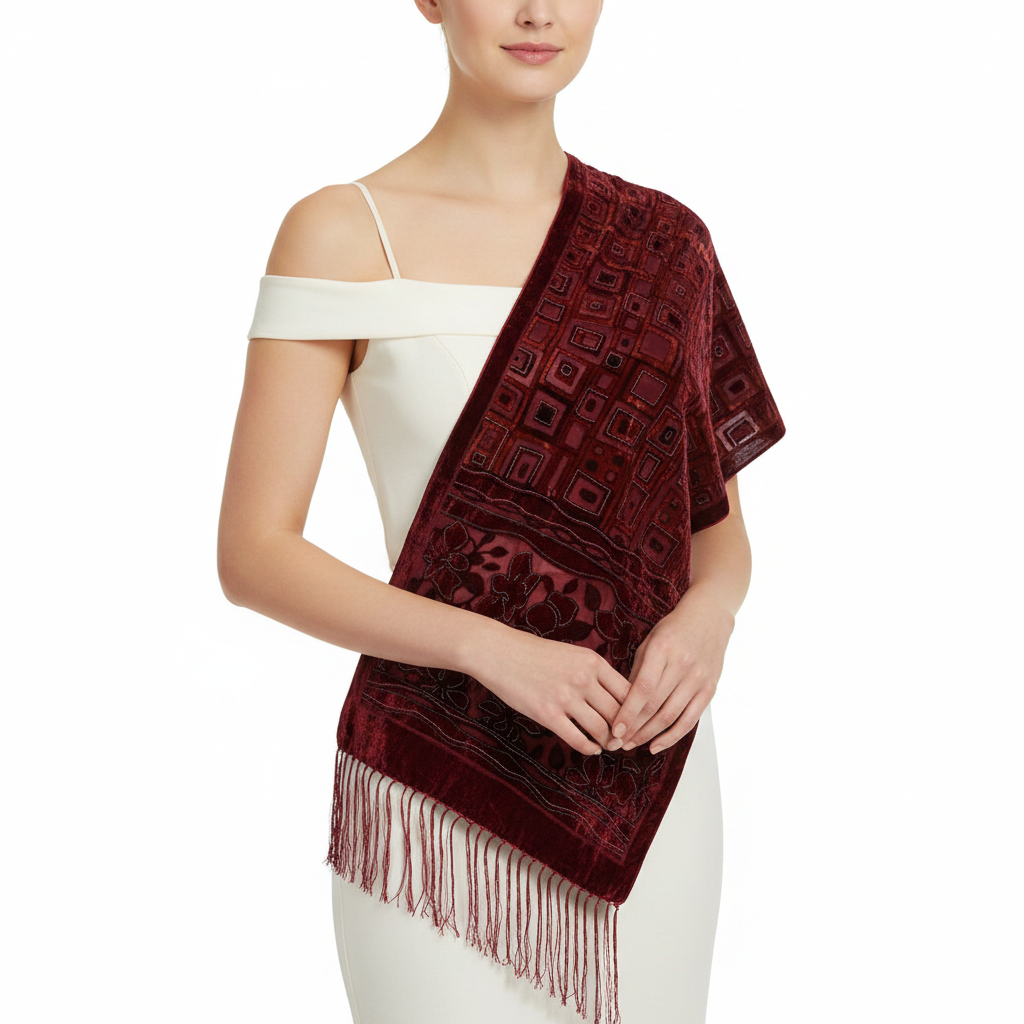 Brown Red Leaf Pattern Devore Velvet Scarf