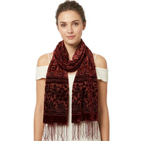 Brown Red Leaf Pattern Devore Velvet Scarf