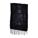 A black velvet prayer shawl with intricate purple and black embroidered angel motifs and matching fringed edges, shown against a plain white background.