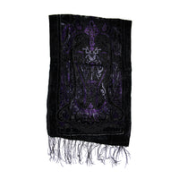 A black velvet prayer shawl with intricate purple and black embroidered angel motifs and matching fringed edges, shown against a plain white background.