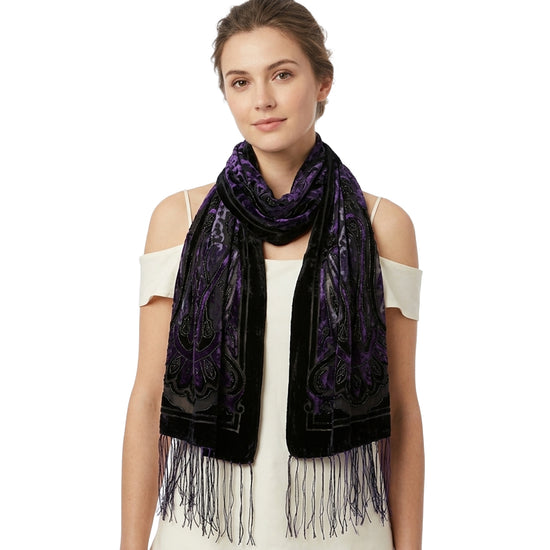 Purple Paisley Devore Velvet Scarf with Border