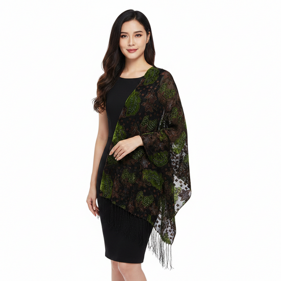 Multicoloured Leaf Devore Velvet Scarf