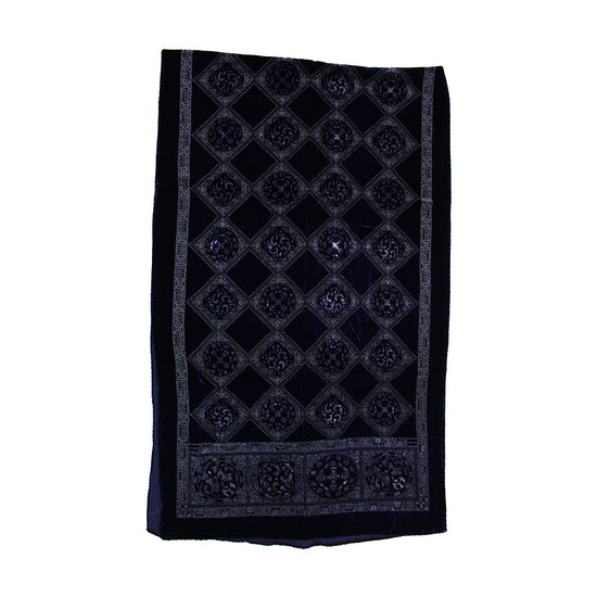 Dark Blue Square Patterned Devore Velvet Scarf
