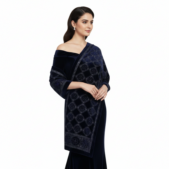 Dark Blue Square Patterned Devore Velvet Scarf