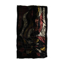 Abstract wall art panel featuring flowing organic shapes in black, burgundy red, metallic gold, and silver, separated by dark lines on a white background.