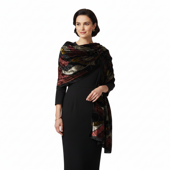 Multicoloured Abstract Devore Velvet Scarf with Border