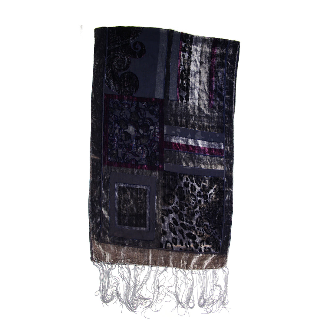 Multicoloured Devore Velvet Scarf with Blue Grey Border