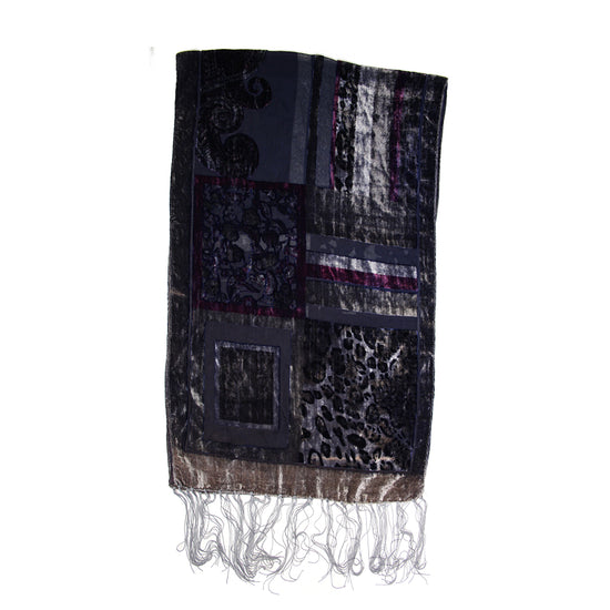 Multicoloured Devore Velvet Scarf with Blue Grey Border