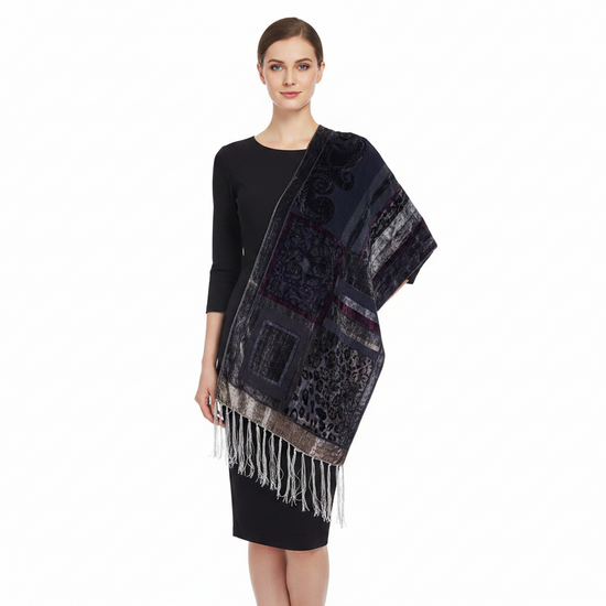 Multicoloured Devore Velvet Scarf with Blue Grey Border