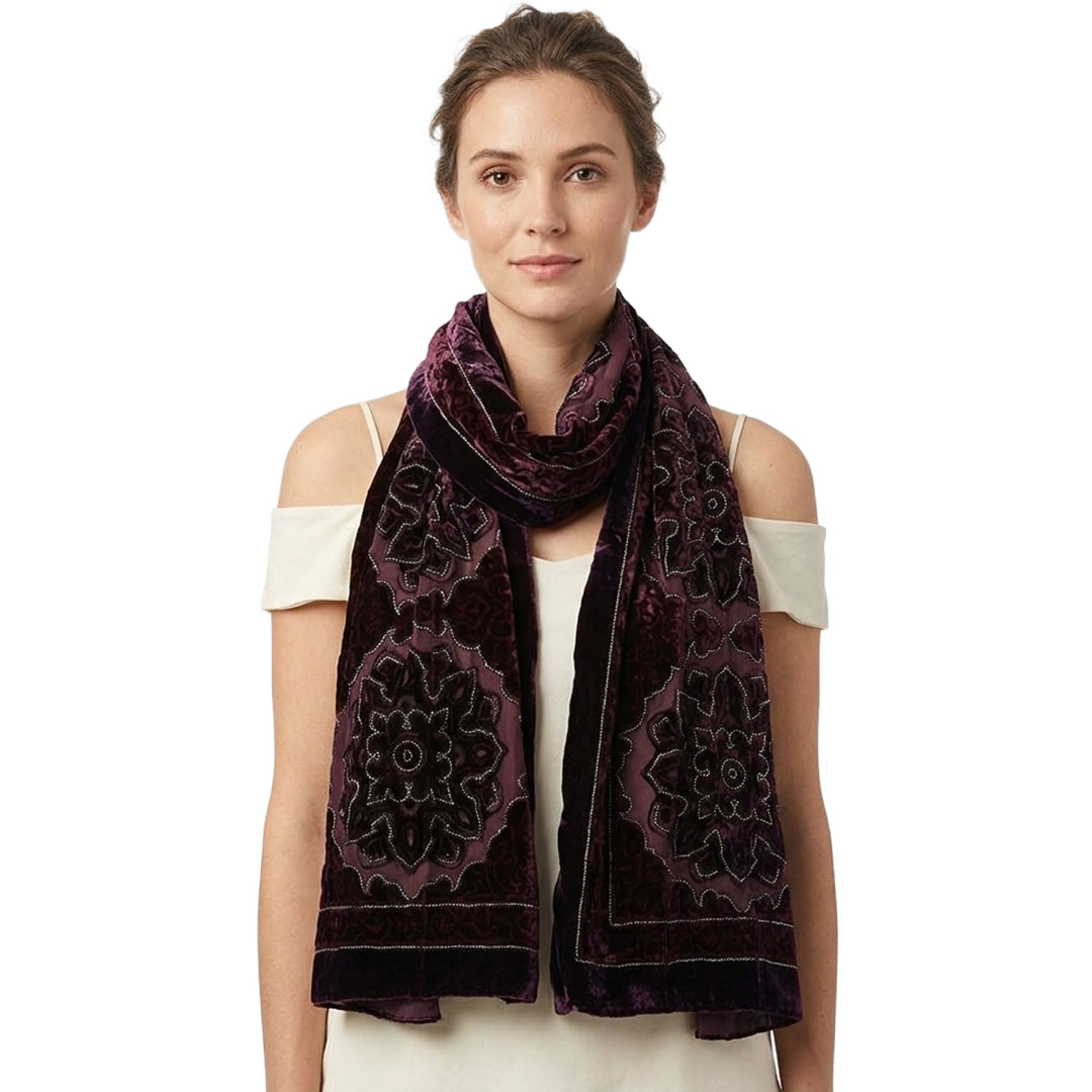 Burgundy Grey Patterned Devore Velvet Scarf