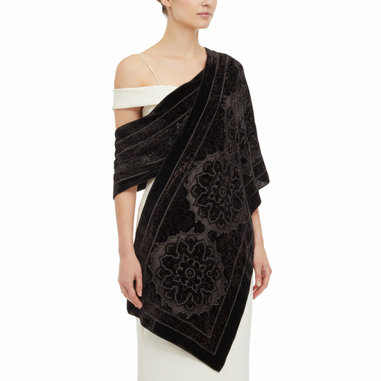 Brown Grey Patterned Devore Velvet Scarf