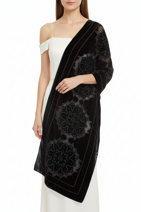 Black Grey Patterned Devore Velvet Scarf