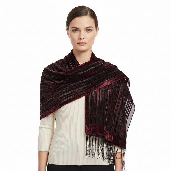 Multicoloured Stripe Devore Velvet Scarf with Border
