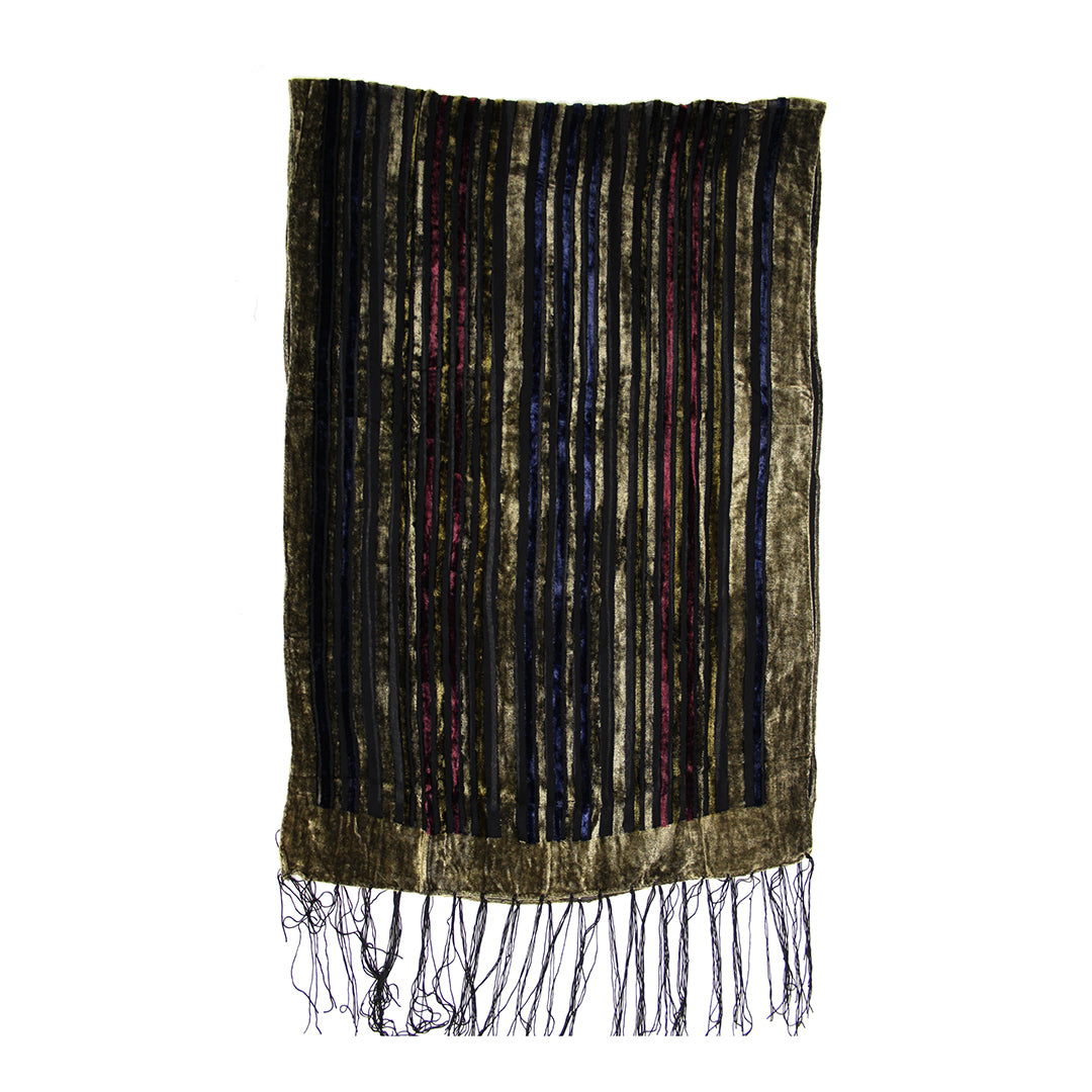 A rectangular black velvet scarf with vertical metallic gold stripes and a fringed bottom edge, shown against a plain white background.