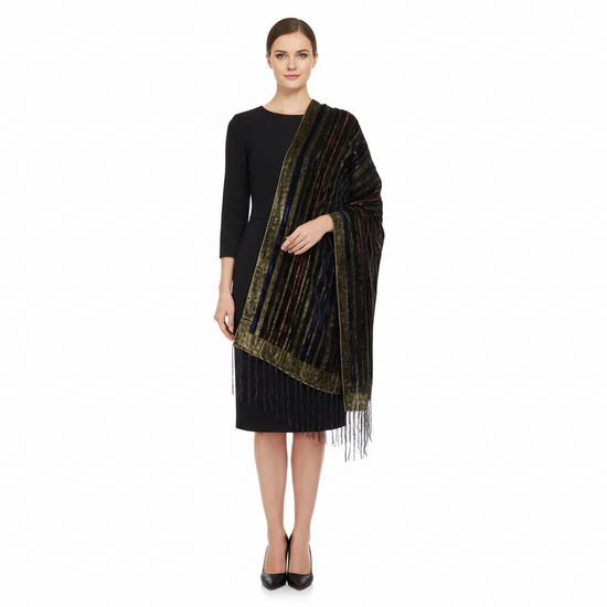 Multicoloured Stripe Devore Velvet Scarf Border