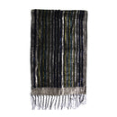 A rectangular scarf with a textured, metallic silver-gray base and vertical stripes in black, navy, and olive green, finished with a fringed hem.