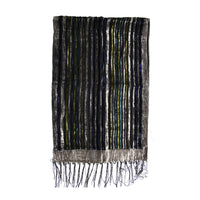 A rectangular scarf with a textured, metallic silver-gray base and vertical stripes in black, navy, and olive green, finished with a fringed hem.