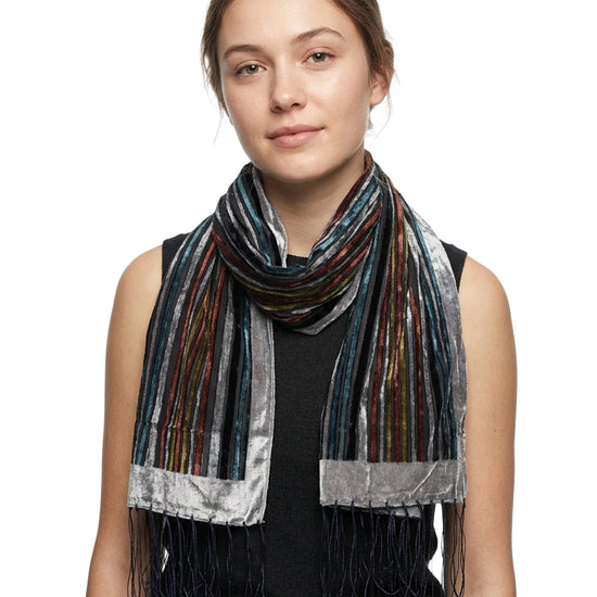 Multicoloured Stripe Devore Velvet Scarf with Border