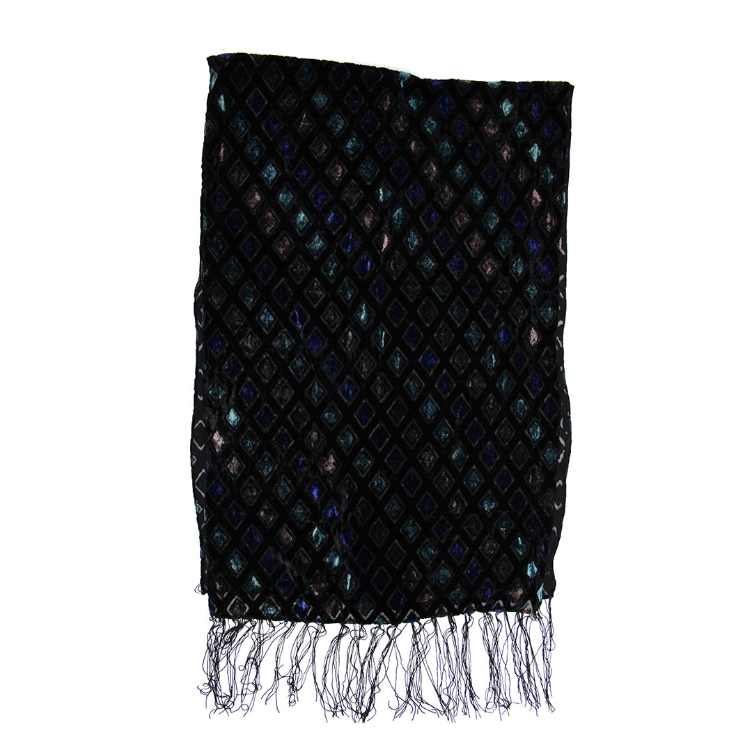 A black woven scarf with a repeating diamond pattern containing blue, green, and purple reflective sequins, finished with fringed edges.