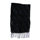A black woven scarf with a repeating diamond pattern containing blue, green, and purple reflective sequins, finished with fringed edges.