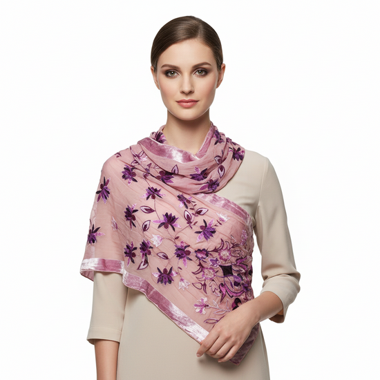Pink Purple Floral Devore Velvet Scarf Border