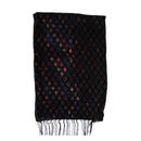 A black woven scarf with a repeating diamond pattern in red, blue, and gold, finished with fringed edges, shown against a plain white background.