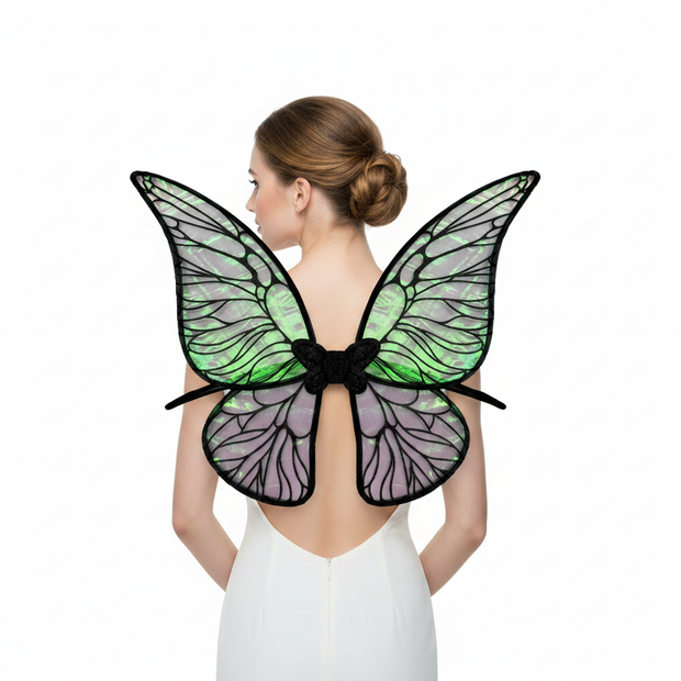 A pair of iridescent green butterfly wings with black and purple details.