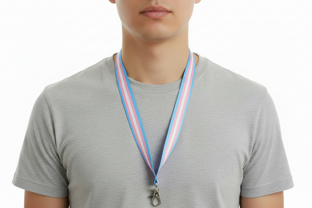 A 90cm long lanyard with a detachable keyhook, featuring a striped pattern in blue, pink, and white colors.