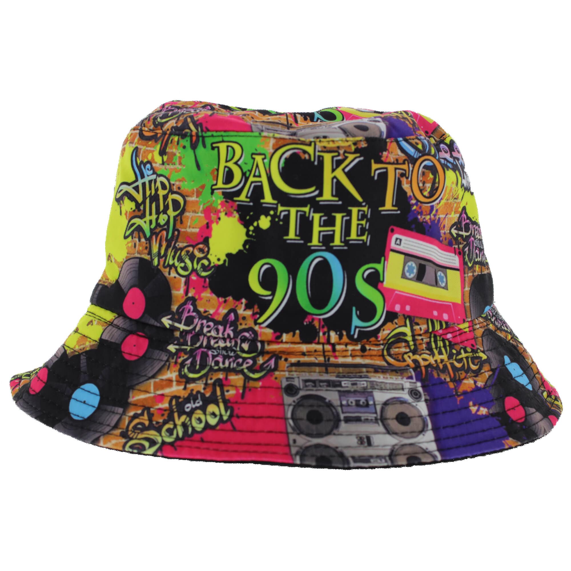 A multicolored bucket hat with 'BACK TO THE 90S' text and 90s-themed graphics printed on it.