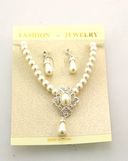 Set - Pearl Necklace with Clear Stones & Earrings