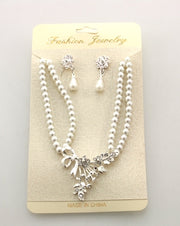 Set - 2 Strand Pearl Necklace with Clear Stones & Earrings