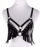 PU Leather Fringe Harness Bralette with Metal Studs