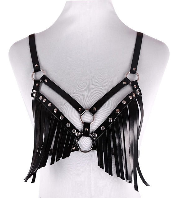 PU Leather Fringe Harness Bralette with Metal Studs