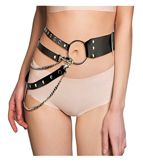 PU Leather Waist Belt with Silver Pin Buckle, Straps & Metal Chains