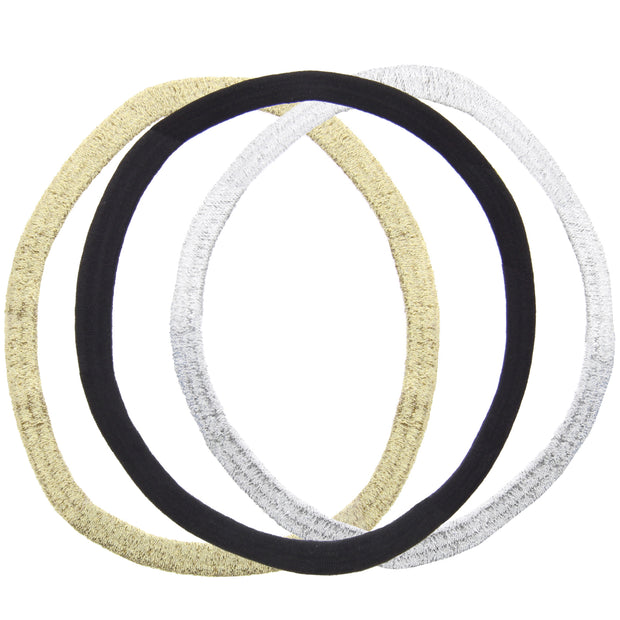 3 on a Card Black, Gold & Silver Glitter Metal Free Head Elastics