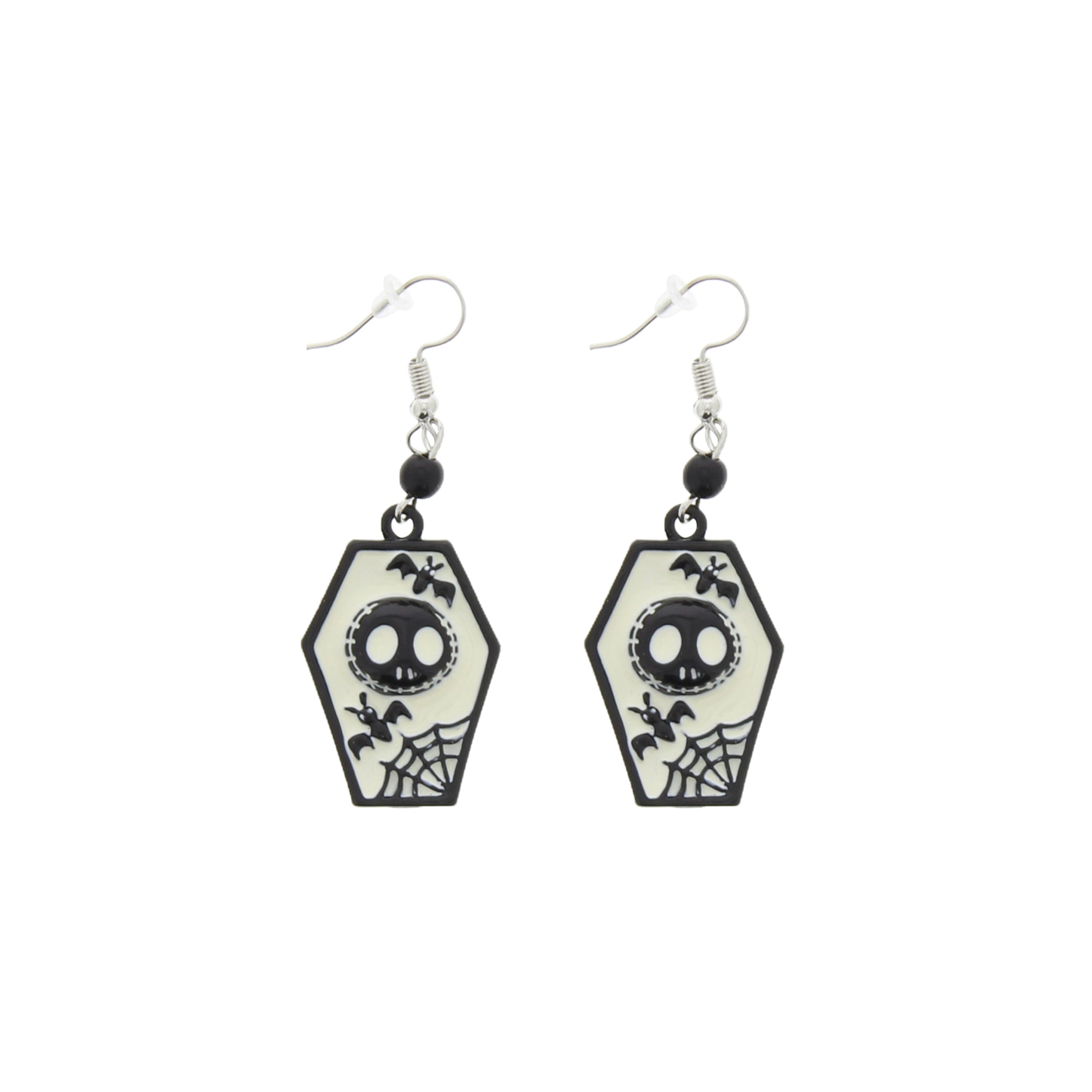 Coffin Earrings with Pumpkin Skull, Bats & Cobwebs