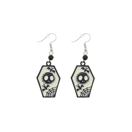 Coffin Earrings with Pumpkin Skull, Bats & Cobwebs
