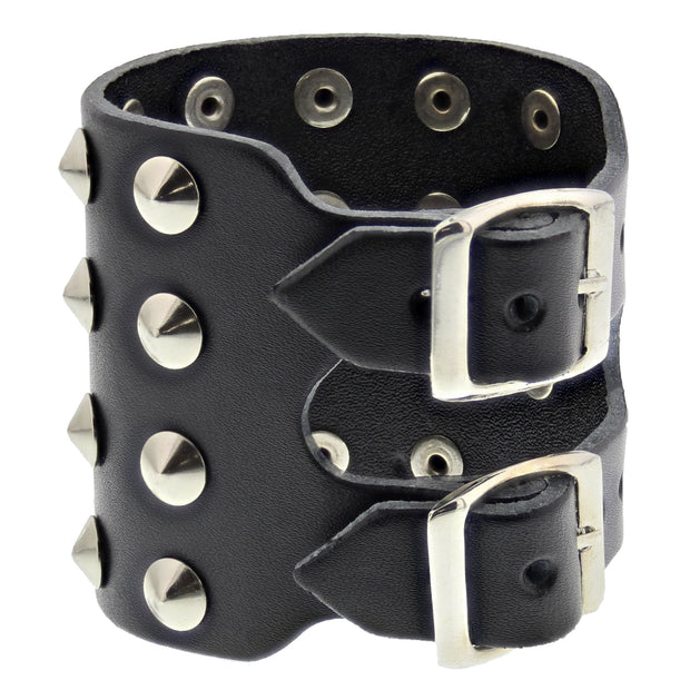 Black 4-Row Conical Studded Leather Bracelet with Buckle