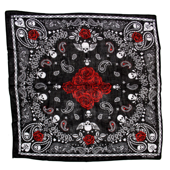 Skull, Roses & Paisley Print Bandana