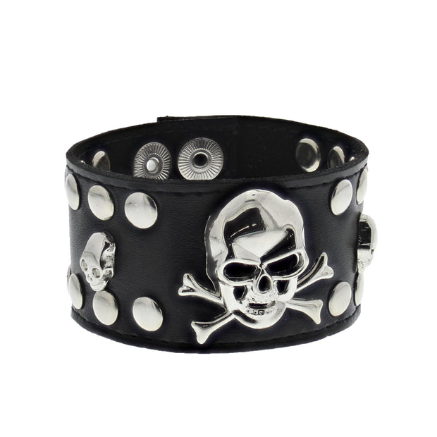 Black PU Bracelet with Skull & Crossbones and Silver Studs
