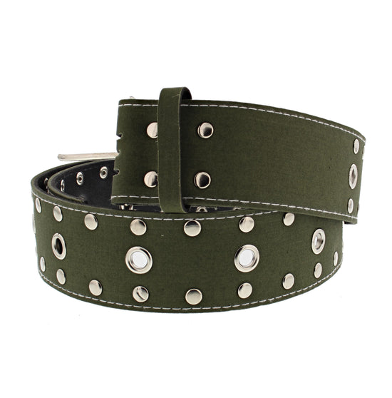 Wide Khaki Green Eyelet Belt with Silver Studs