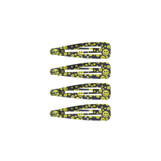 4 on a Card 7cm Black & Yellow Smiley Face Metal Hair Snapclips