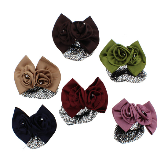 Satin Double Roses on Barrette with Mesh Bun