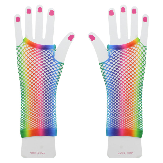Long Rainbow Fishnet Gloves